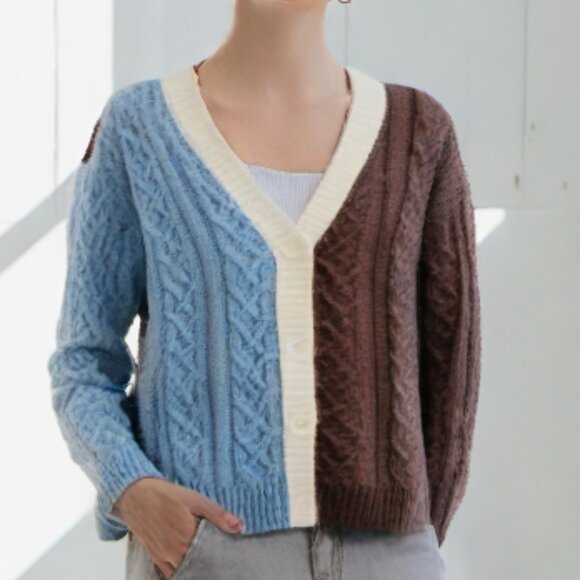 Design History Blue and Brown Cable Knit Cardigan - Picture 1 of 11